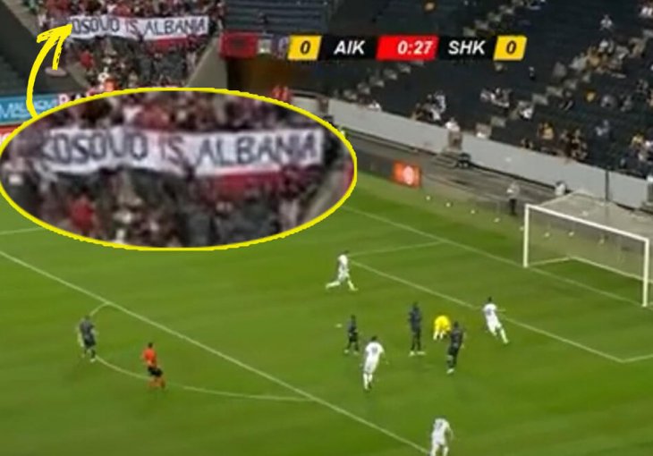TEŠKA PROVOKACIJA NAVIJAČA ŠKENDIJE: Unijeli transparent Kosovo je Albanija i zastavu Velike Albanije! Srbi pjene da UEFA reaguje!
