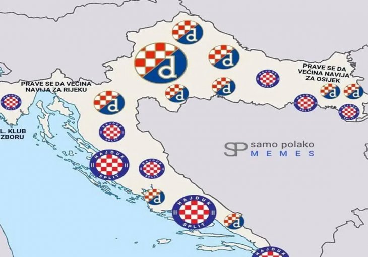 KARTA KOJA JE IZAZVALA ŽESTOKU RASPRAVU: Koji dijelovi Hrvatske navijaju za Hajduk, a koji za - Dinamo?